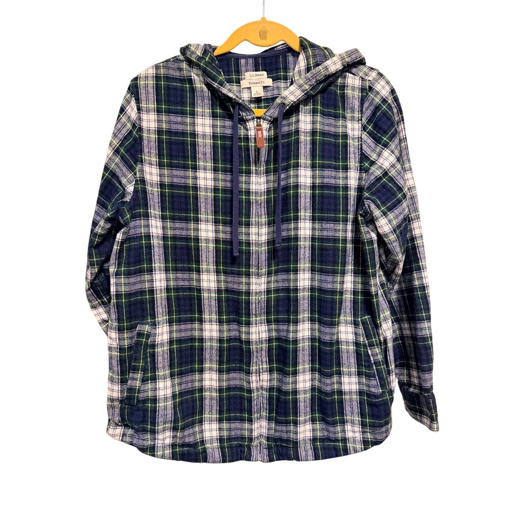 L.L. Bean Green and Blue Plaid Flannel Hooded Full Zip Shacket, Medium